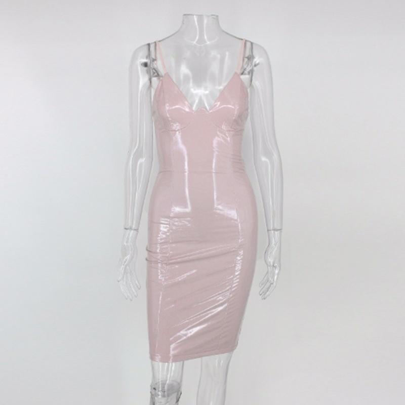 Neue Frauen Sexy Party Club Kleid Neue Robe Femme PU Kleid Latex Glänzend Sexy Bodycon Midi Kleid XL rosa