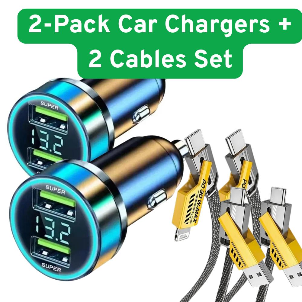 Hochwertiges 3,1-A-Dual-USB-Autoladegerät mit Spannungsanzeige – schnellstes Laden für alle Telefone 2-Pack + 2 Cable
