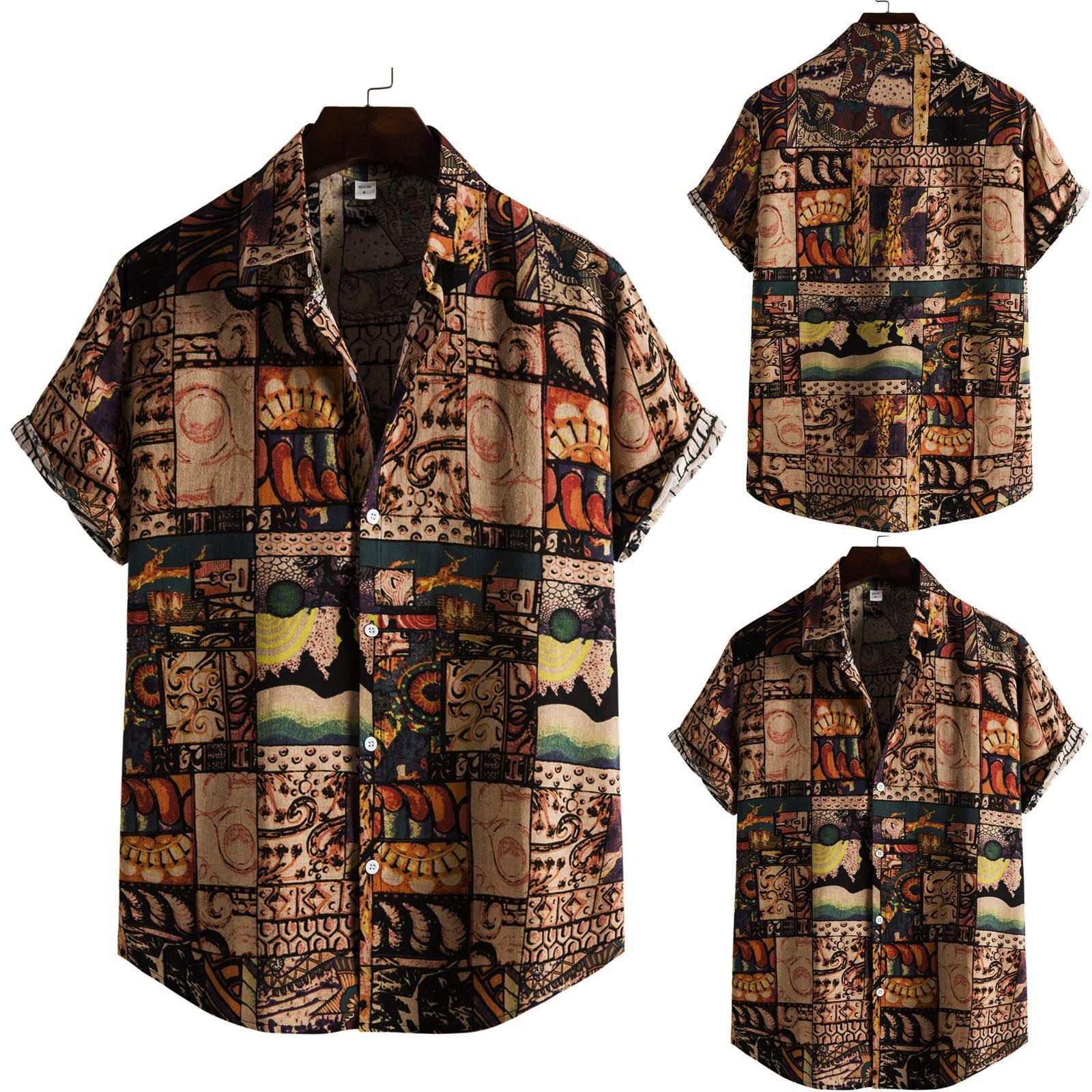 Herrenmode-Ethno-Kurzarm-Freizeitdruck-Hawaii-Hemdblusen-T-Shirt L braun