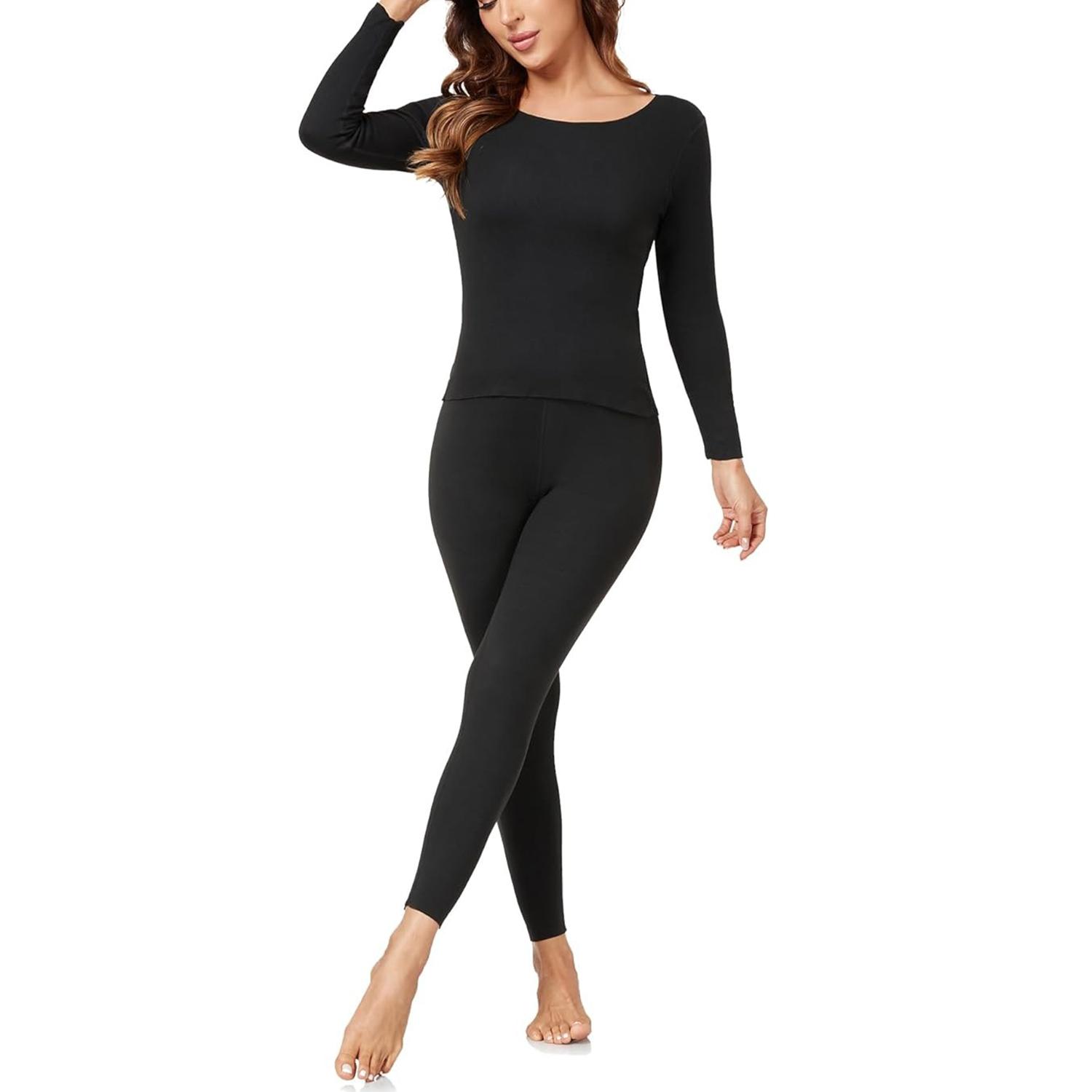 1 Set Herbst Winter Warme Unterwäsche Set Für Frauen Langarm Nahtlose Hohe Elastische Pyjamas Spurlose Thermo-Unterwäsche Kleidung M schwarz
