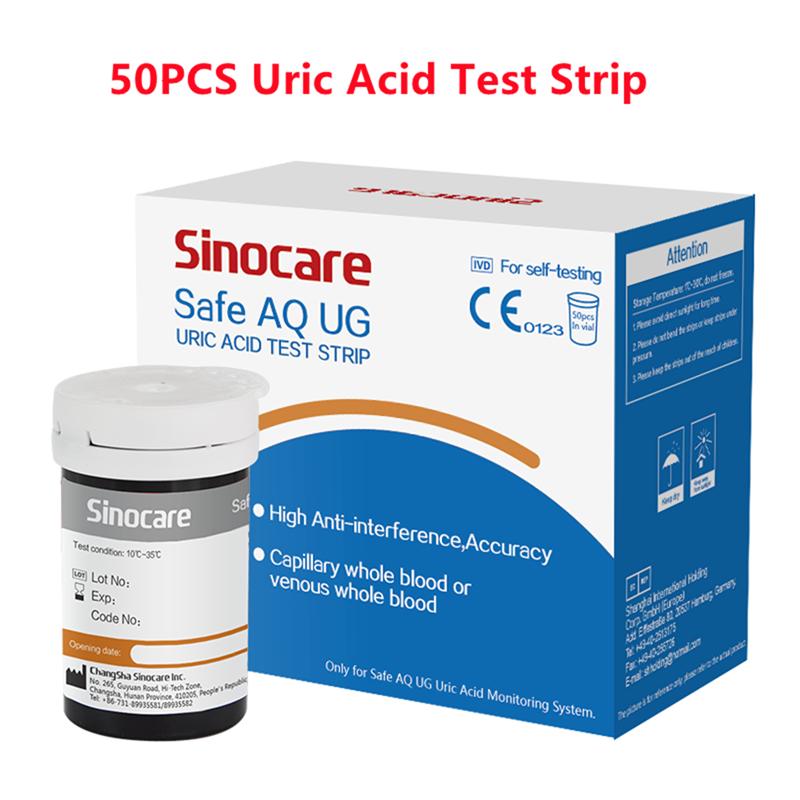 Sinocare 50/100 Stück Harnsäure- und Blutzucker-Teststreifen zur sicheren AQ UG-Überwachung von Diabetes, Gicht, schwangeren Frauen 50 Uric Acid Strips