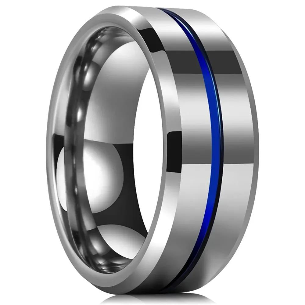 Modische 8mm Blaue Rille Edelstahlringe für Männer Kupferfarbe Gebürstete Herrenringe Ehering Schmuck 6