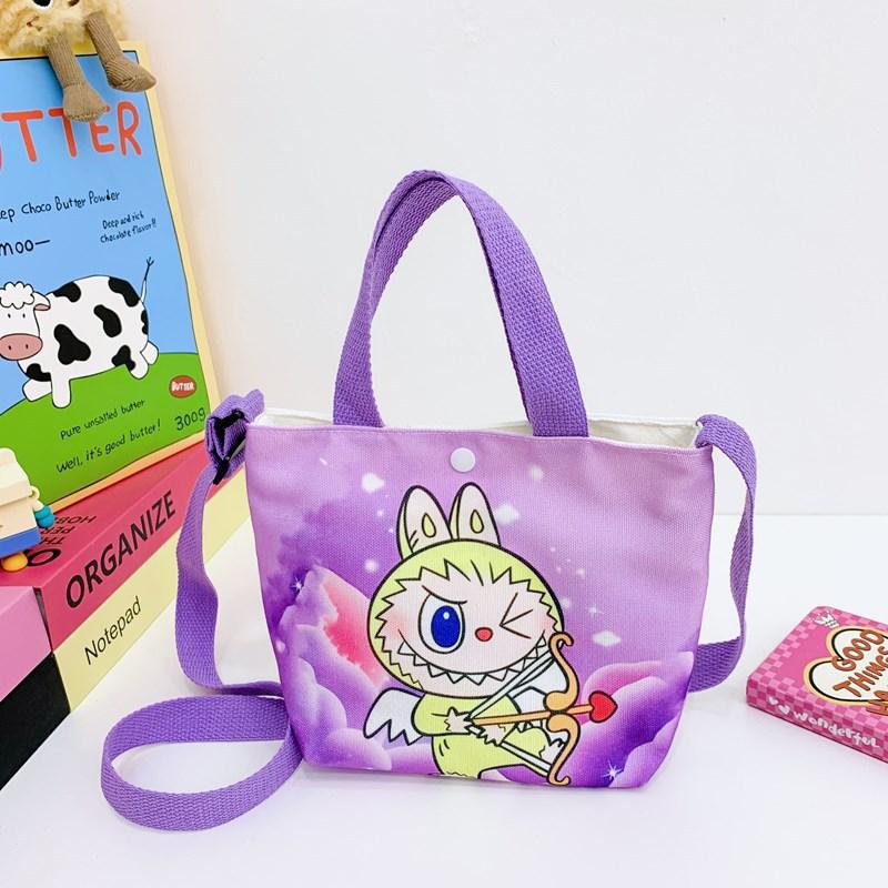 Labubu Neue Cartoon Canvas Einkaufstasche Umhängetasche Niedliche Kleine Mädchen Handtasche Tasche Reise Freizeit Handtasche violett