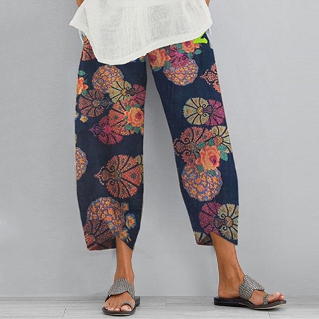 Frauen Vintage Harem Hosen Blumen Druck Elastische Taille Plus Größe Lose Hosen Baumwolle Leinen Breite Bein Hose Lose Sommer Hosen XXXL dunkelblaue