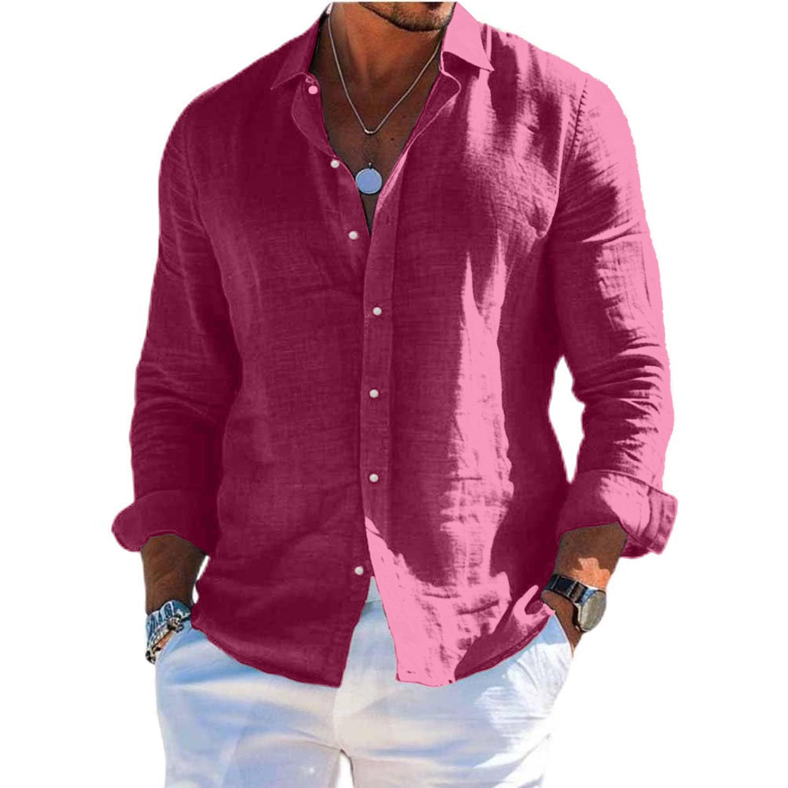 Herren Langarm Leinenhemd Kentkragen Hemd Business Casual Hemd Businesshemd Regular Fit Hemd XXL rot