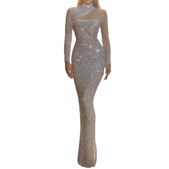 Damen Sexy Paillettenkleid Glänzend Hoher Hals Bodenlang Ballkleid Slim Fit Langarm Ausgeschnitten Abendkleid S silber