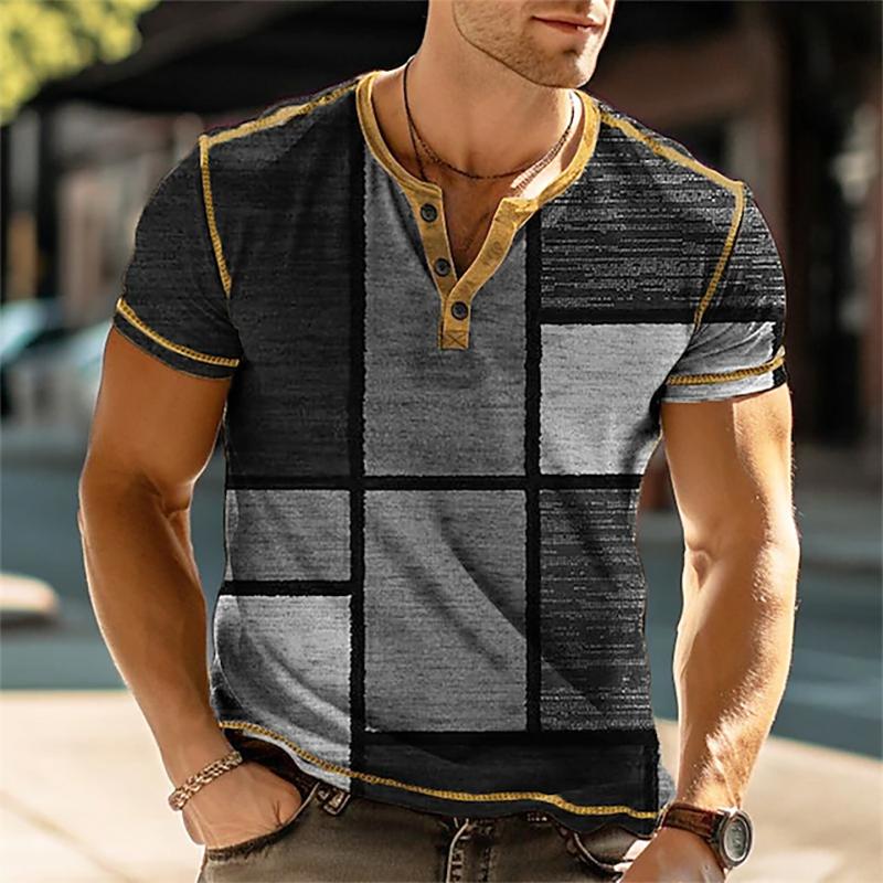 3D-Druck Patchwork Farbblock Vintage Henley Shirts Herrenmode Übergroße Button-Up Kurzarm T-Shirts Tops Kleidung L