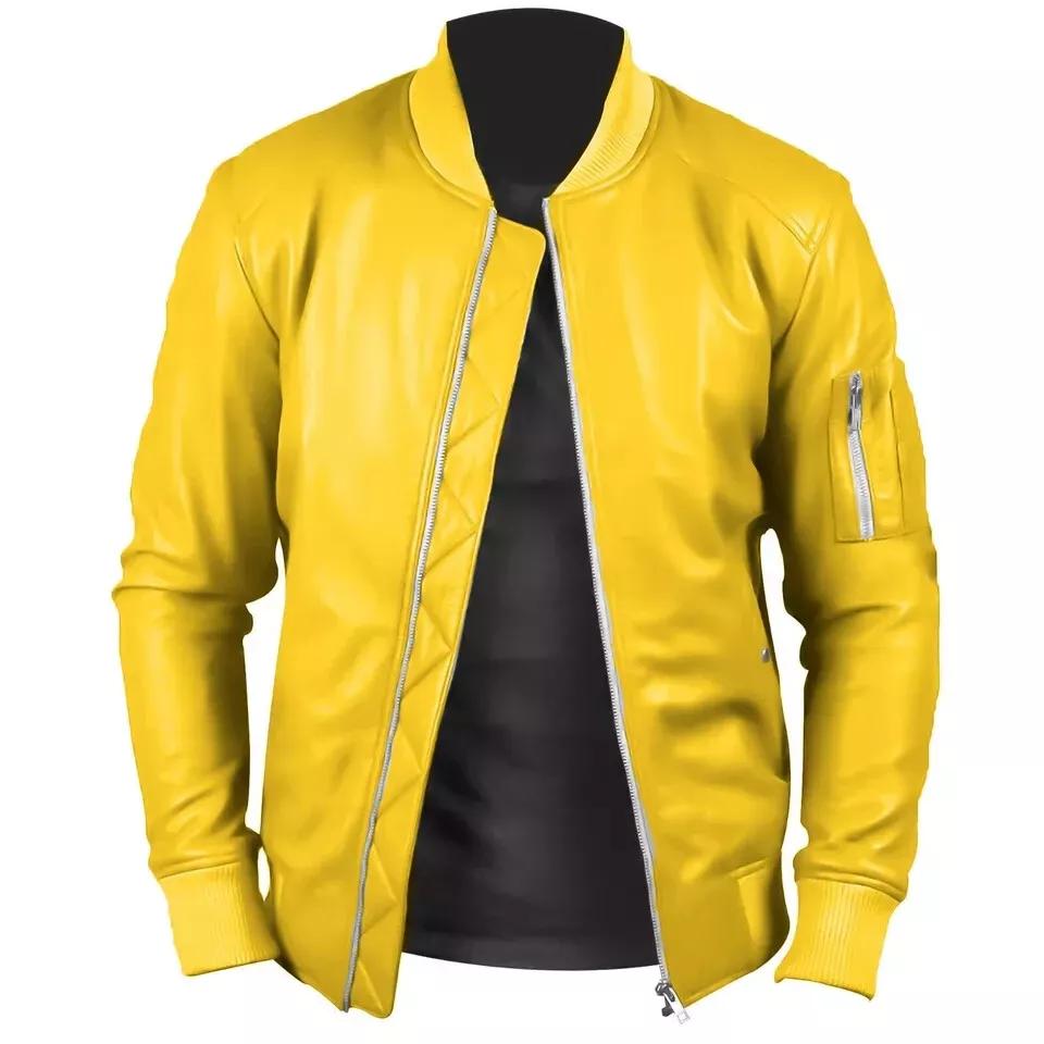 Echtes Leder Handgefertigt Lammfell Weich Herrenjacke Gelb Stilvoll Echtes Lammfell L gelb