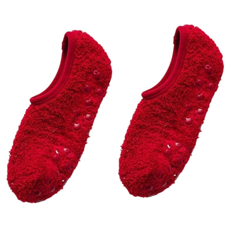 Plüsch-Pantoffelsocken für Damen, Anti-Rutsch-Socken mit Noppen, Flauschige Socken mit Grip, Krankenhaussocken, Weiche Heim-Schlaf-Socken, Geschenk rot
