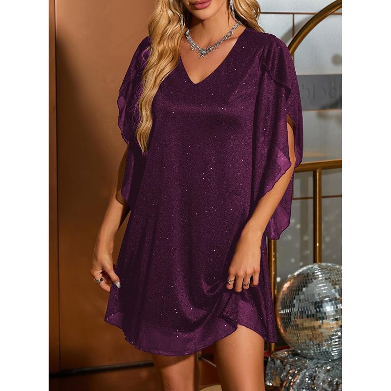 Mode Elegant Pailletten V-Ausschnitt Lose Sexy Kleid Frauen Solide Halbarm Party Club Casual Kleider Frauen Sommer Vintage Schlanke Damen Abendkleid 25942 M violett