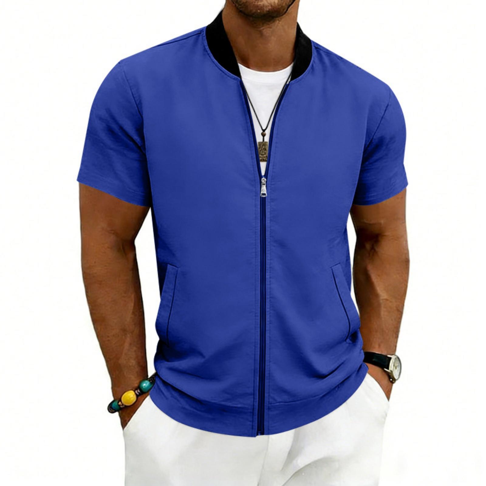 Herren Kurzarm Jacke mit Reißverschluss Lässige Leichte Sommer Jacke mit Rippkragen und Taschen M blau