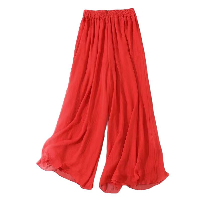 1PC Atmungsaktive Hosen mit weitem Bein Polyester Hosen Chiffon Hosen Hosen Dünne Flowy Swing Sommer Frauen L rot