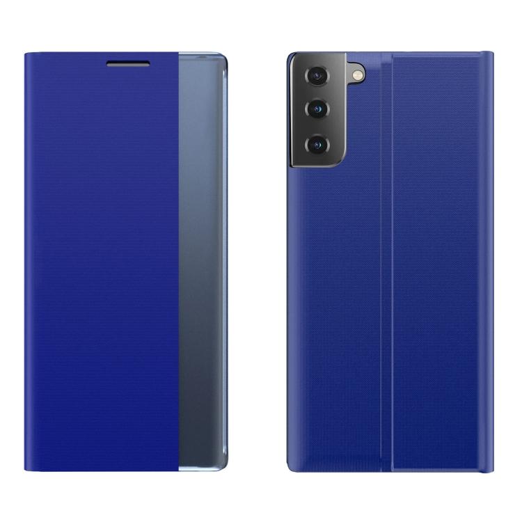 Für Samsung Galaxy S21 FE Einfache Textur Stoff Anziehung Klapphalter Leder Handyhülle For Galaxy S21 FE blau