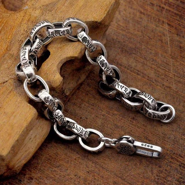 High-End-männliches feines 925er-Sterlingsilber-Armband, Modeschmuck, Herren-Armband, 18 cm/20 cm/22 cm, Retro-Mantra-Kette mit sechs Charakteren, Geschenk 20cm
