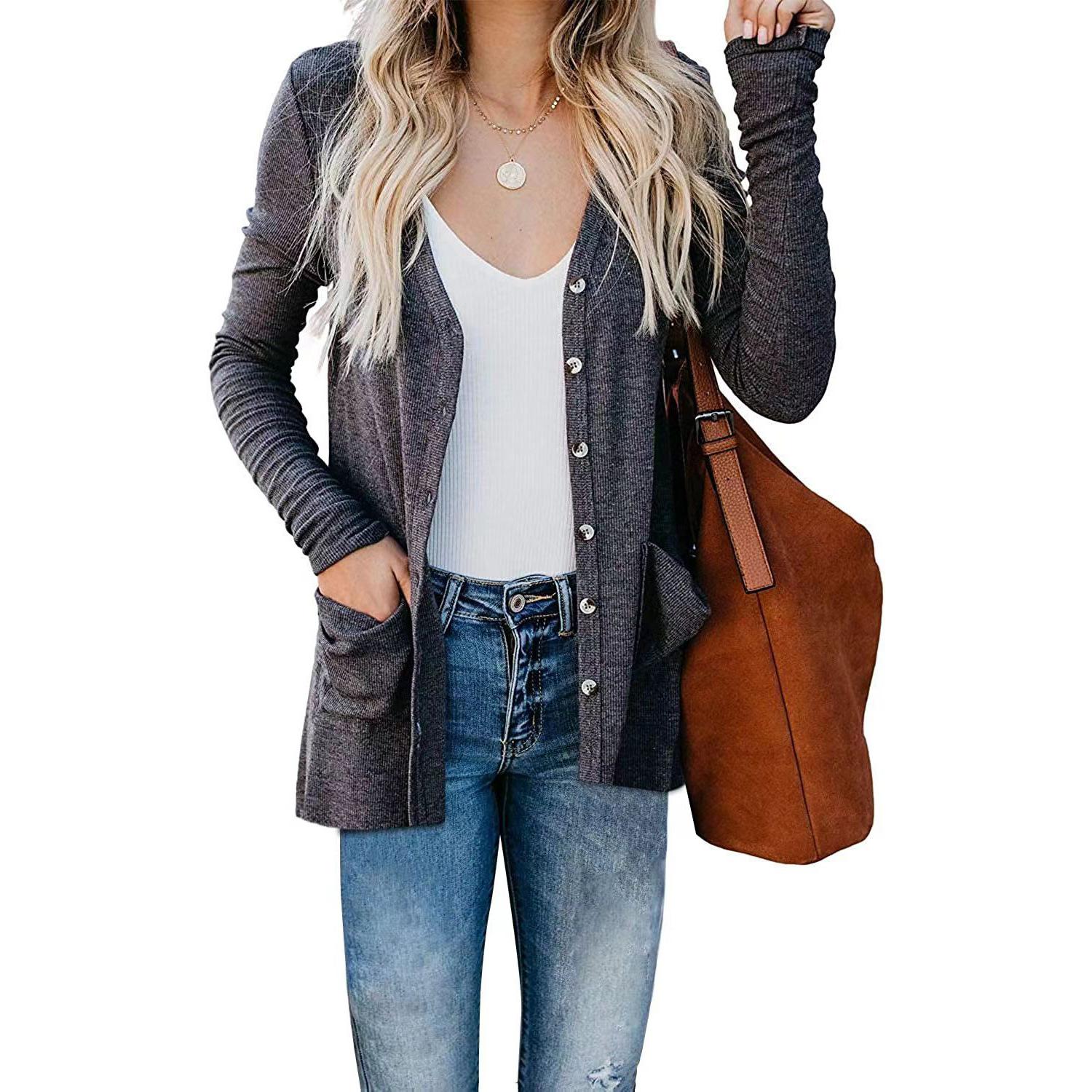 Herbst Winter Damen Mantel gerippt Button Up lose gestrickte Langarm Strickjacke Top für Damen Strickjacke L grau