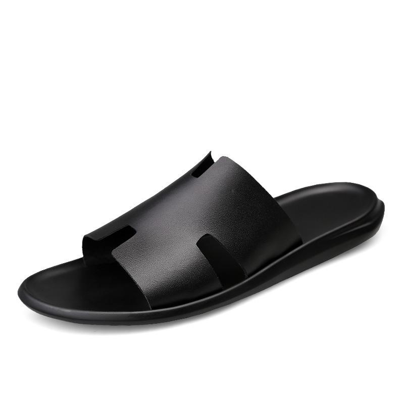Jugendtrend zweilagiges Rindsleder atmungsaktive Ein-Wort-Sandalen lässig täglich vielseitig schlichte Herrenschuhe 45 schwarz
