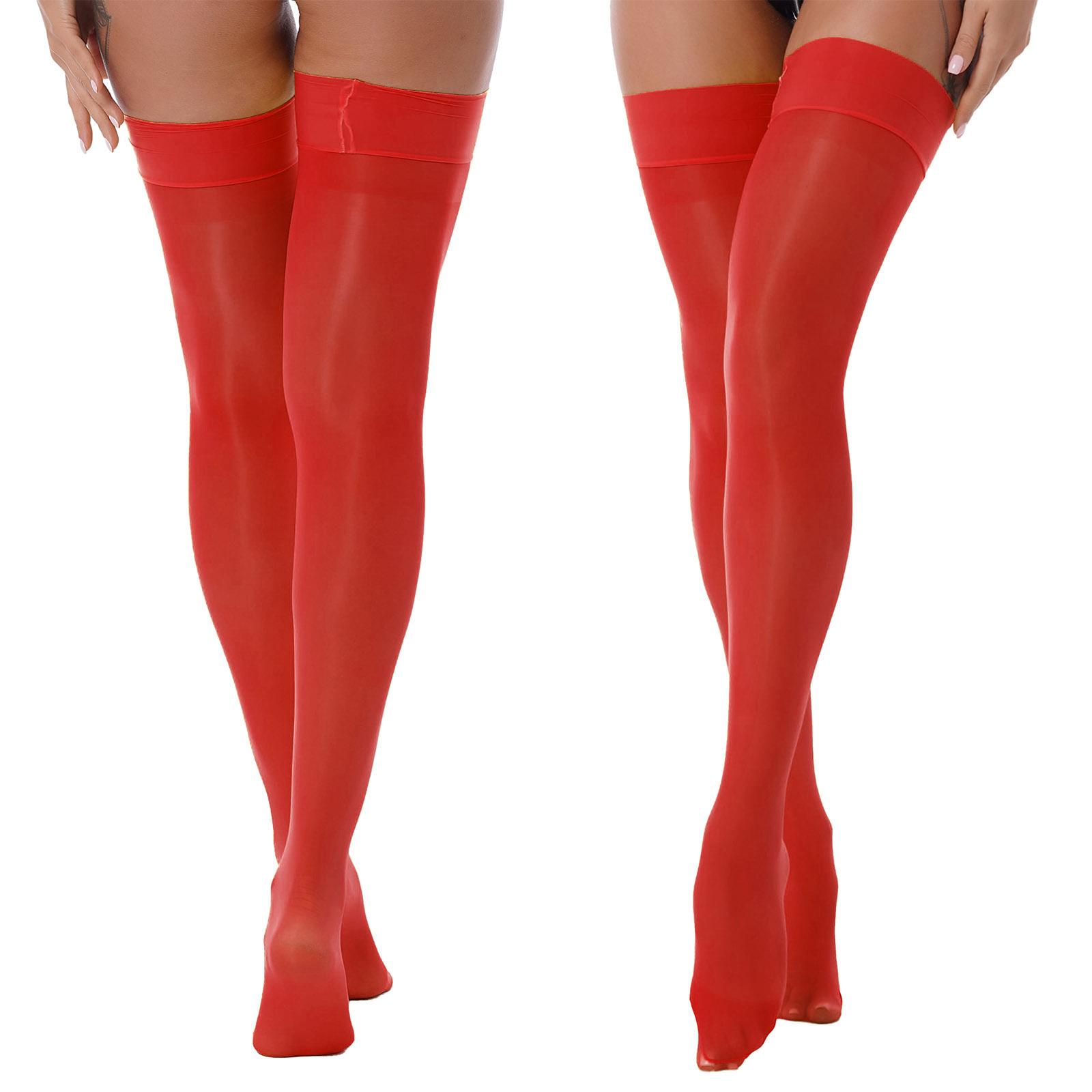 Woemn Sexy hohe Socken, glänzend, einfarbig, glänzende, durchsichtige Strümpfe, Oberschenkelhohe Strümpfe One Size rot