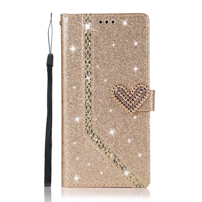 Diamond Heart Glitter Powders Wallet Case mit Kartenfächern Fotorahmen für iPhone Samsung Huawei Standhalter Flip Cases Cover Huawei P20 Lite 2018 gold