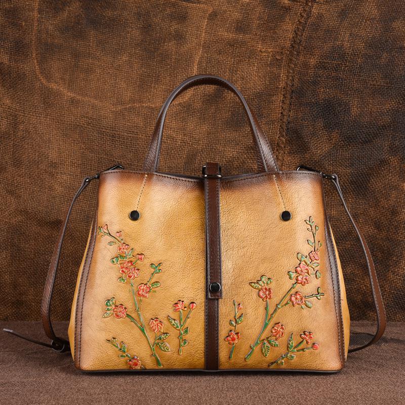Damen-Handtaschen und Umhängetaschen aus echtem Leder mit Retro-Prägung, großes Fassungsvermögen, Rindsleder mit Blumenmuster gelb