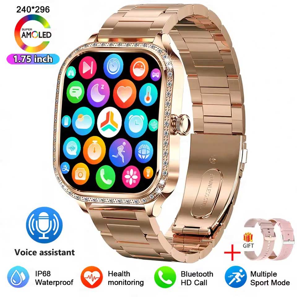2025 Neue GPS Track Smartwatch Damen 466*466 HD Bildschirm Herzfrequenz Blutdruck BT Anruf Smartwatches Frauen Für Android IOS steel gold