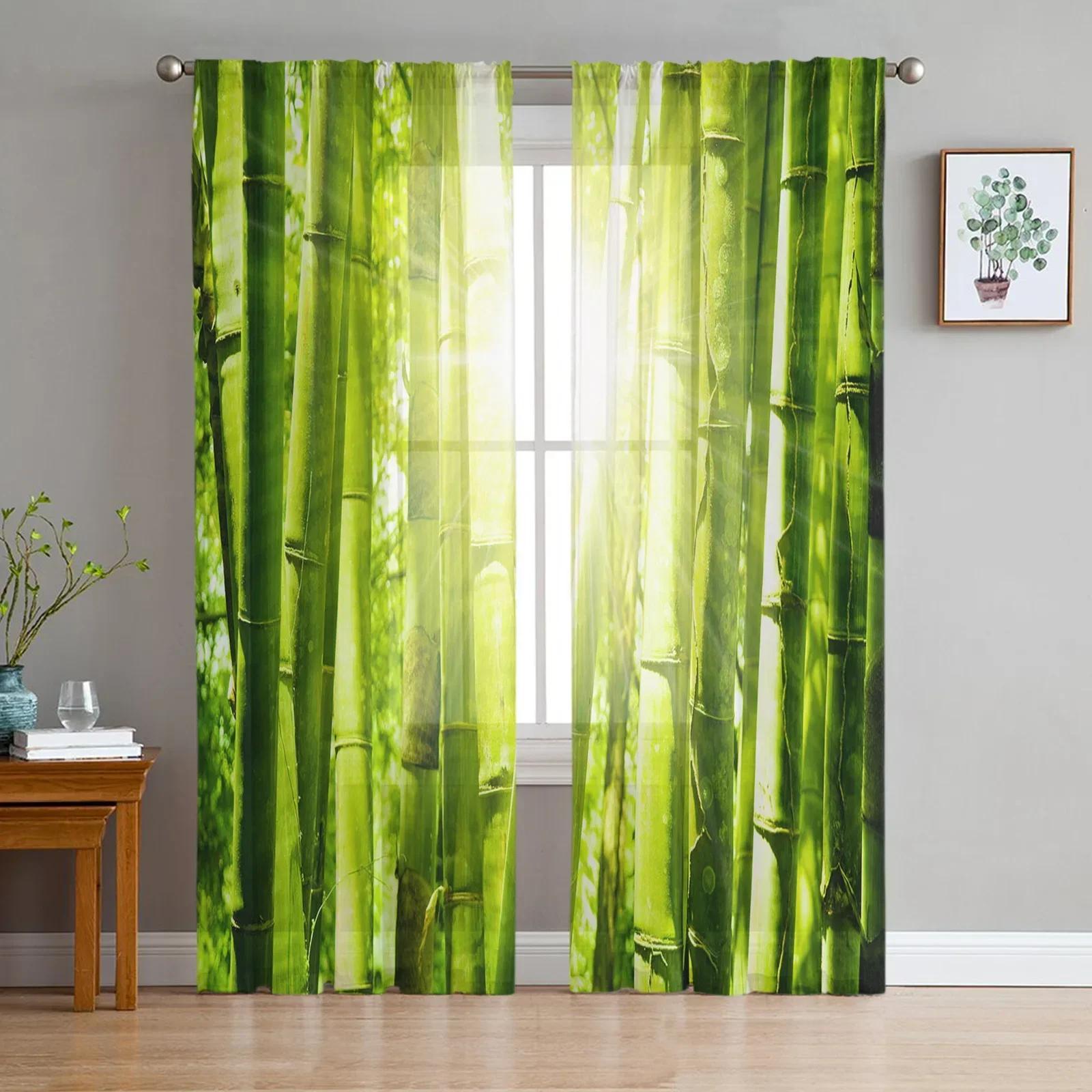 Bambuswaldgrüne transparente Vorhänge für Wohnzimmer, Fenster, Tüllvorhänge für Schlafzimmer, Küche, Heimdekoration, Voile-Vorhänge W135 x H185cm x2&Grommet Top