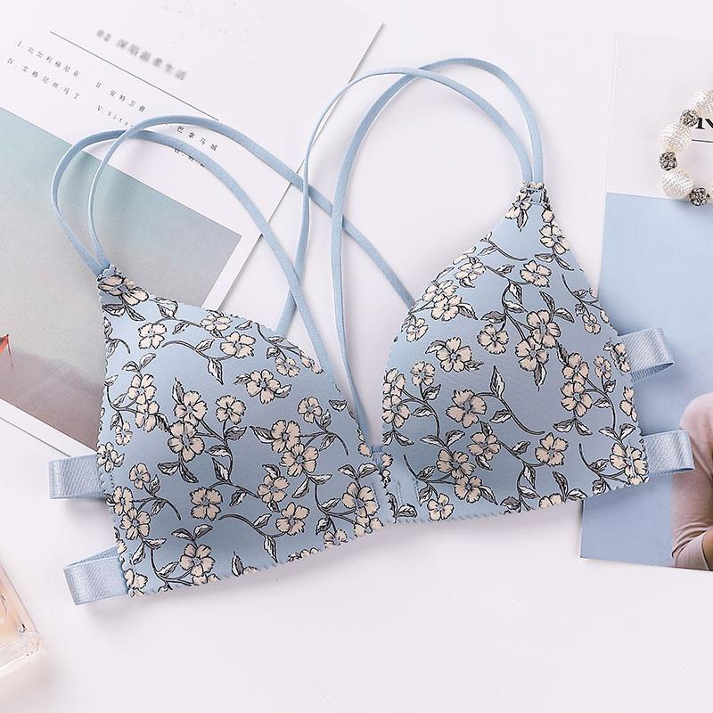 Frauen Blume Gedruckt Bhs Vordere Schnalle Drahtlose Bralette Sexy Dessous Komfort Push-Up Blumen Bhs 36/80 blau