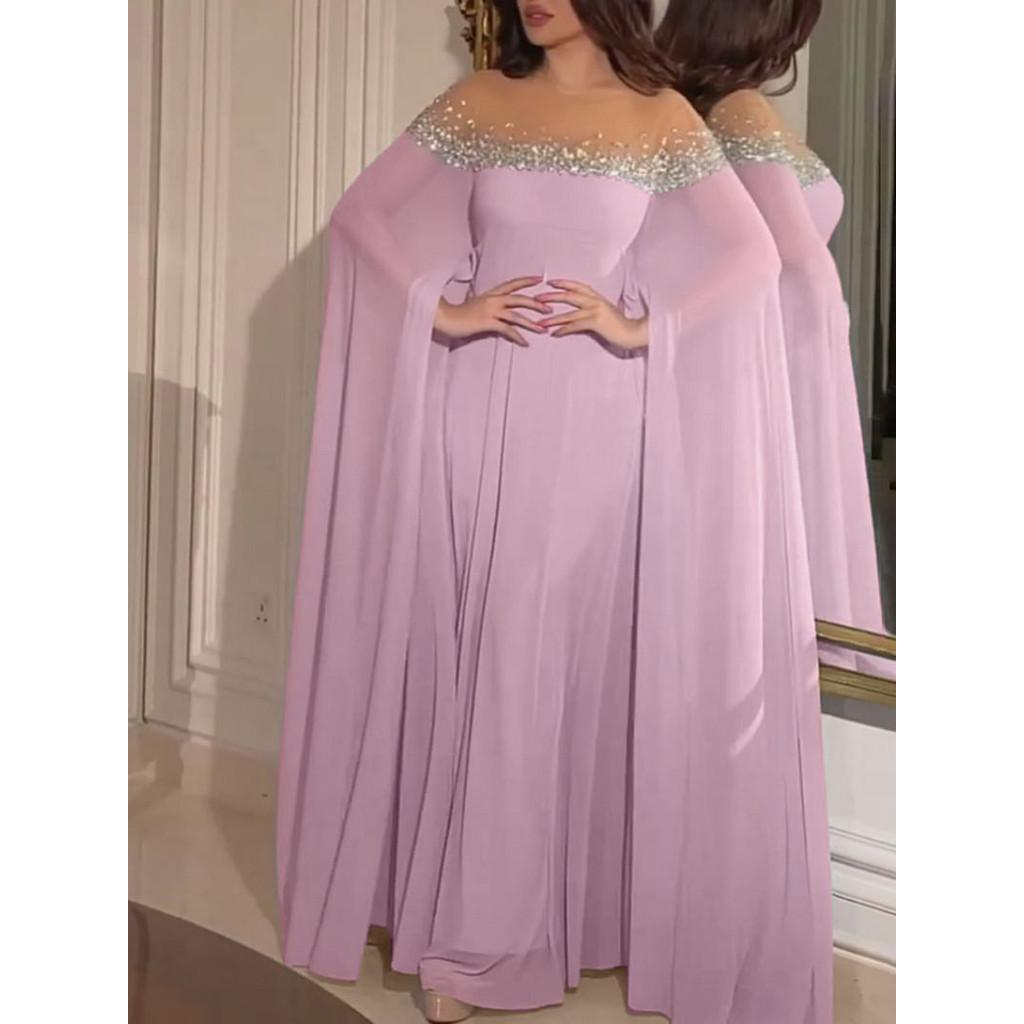 Elegantes Kaftan-Kleid für Damen mit Rundhalsausschnitt, Strasssteinen und Perlen, mit langen Ärmeln, für Brautjungfern im Nahen Osten, Hochzeit, langes Kleid, wunderschöne Party-Maxi-Ballkleider L rosa