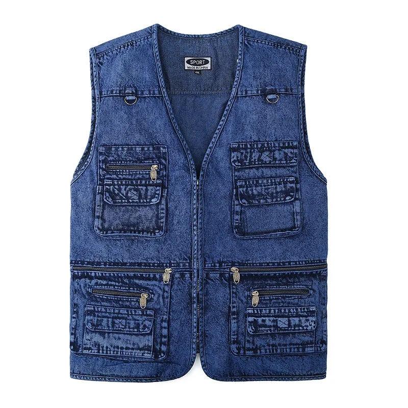 XL-5XL Plus Größe Herren Denim Jacke Mantel Lässig Viele Taschen Ärmellose Weste Frühling Herbst Tragbare Lose Weste Männliche Kleidung 5XL blau