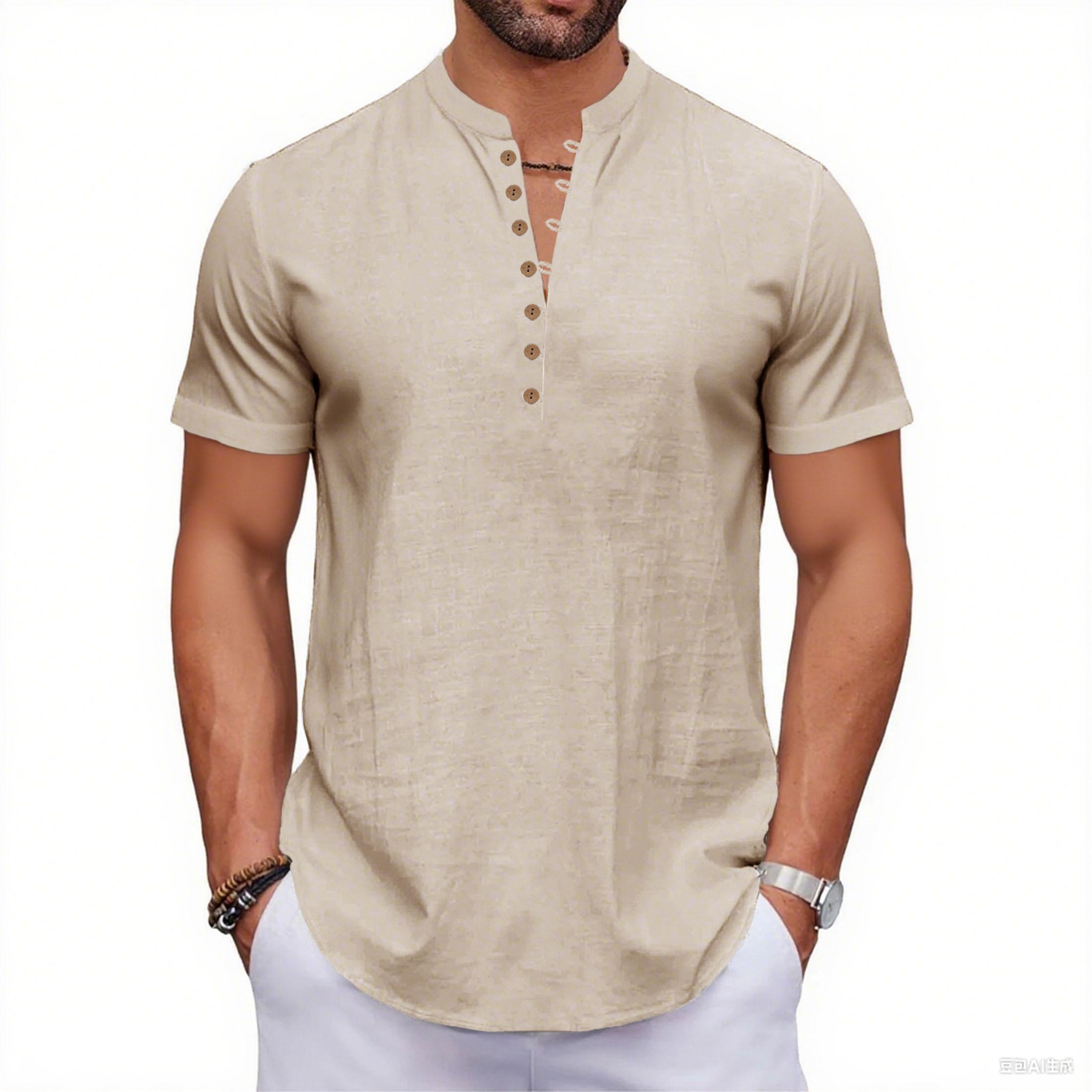 Sommer Neues Herren Baumwollleinen T-Shirt Kurzarm Atmungsaktiv Leicht Einfarbig Herrenmode Henley-Ausschnitt Knopfleiste XXXL beige