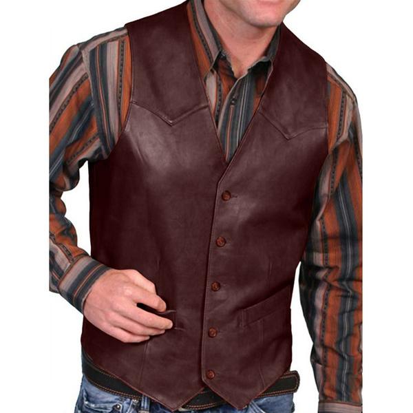 Weste für Herren Mode Western Leder Cowboyweste für Herren Frühling Herbst Oberbekleidung Kunstleder Weste Weste Mantel Übergröße XL dunkelbraune