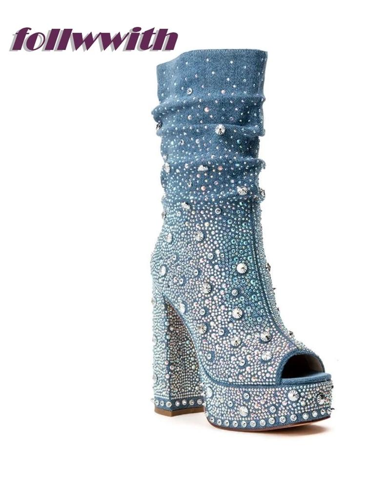 Fashion Bling Rivet Decoration Denim Square Heel Peep Toe Pumps Platform Super High Fashion Modern 2025 Hot Sale New Arrival Shoes 39 blau