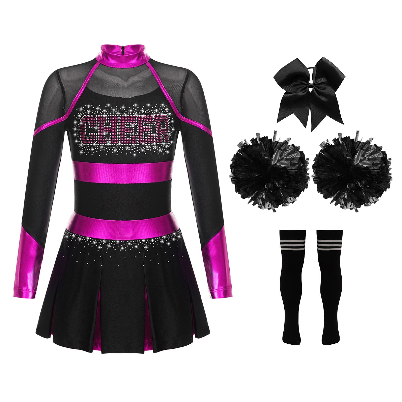 Cheerleader-Kostüm für Kinder, Halloween-Cheerleading-Uniform, Kleid mit Pompons und Socken, Karneval, Party, Kostüm-Outfit 5-6 Years schwarz/heißes rosa