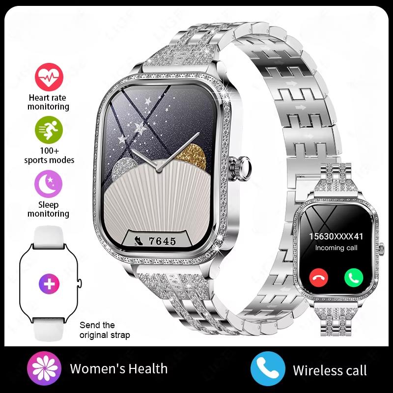 2025 Neue Smartwatch Damen 1,75 HD-Display Herzfrequenzmesser IP68 Wasserdicht Sport Fitness BT Anruf Smartwatch Für Dame Geschenk Steel Belt silber
