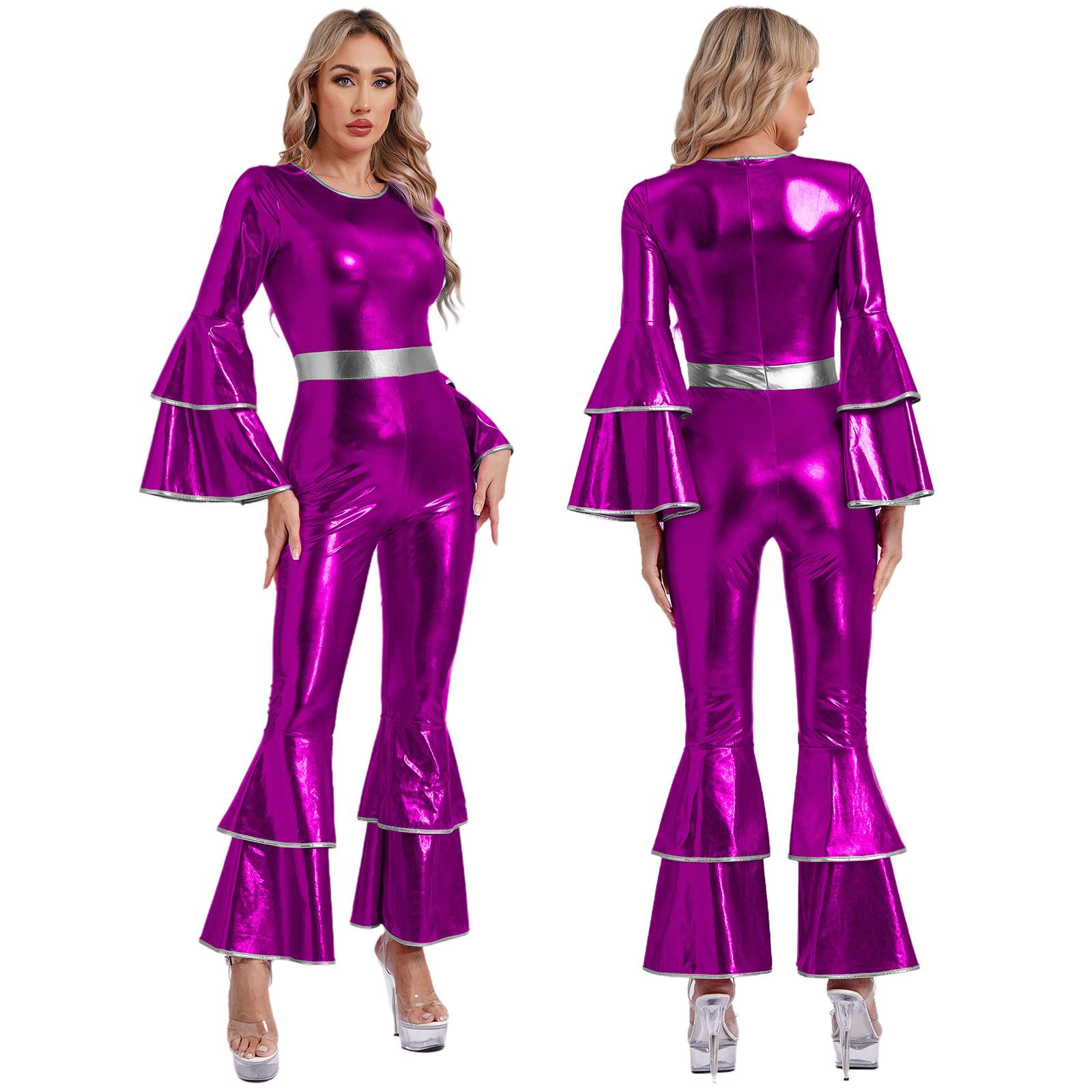 Damen Vintage 70er Jahre Disco Glänzender Overall Schlaghose Hippie Strampler Cheerleading Uniform Halloween Cosplay Mottoparty Kostüm XL violett