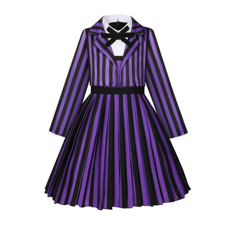 Mittwoch Addams Kostüm Lila Outfit Gestreifte Schuluniform Halloween Cosplay Kostüm für Kinder Erwachsene 120cm violett