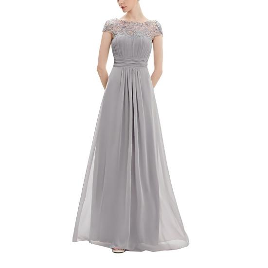 Damen Spitzen Brautjungfernkleid Kappenärmel Raffiniert Rundhalsausschnitt Chiffon Formelles Abendkleid A-Linie Hochzeitsgast Maxikleid für Cocktailparty Abschlussball XXL grau