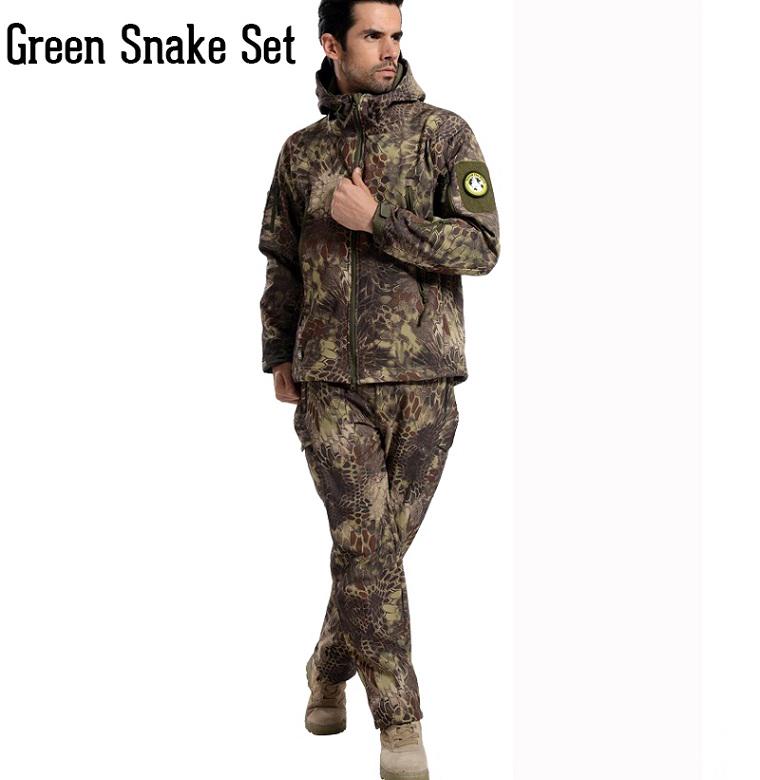 Wasserdichte Soft Shell Taktische Jacke Set Männer Warme Outdoor Armee Camouflate Kleidung Set Militär Mit Kapuze Jagd Fleece Mantel Kleidung Anzug M grün