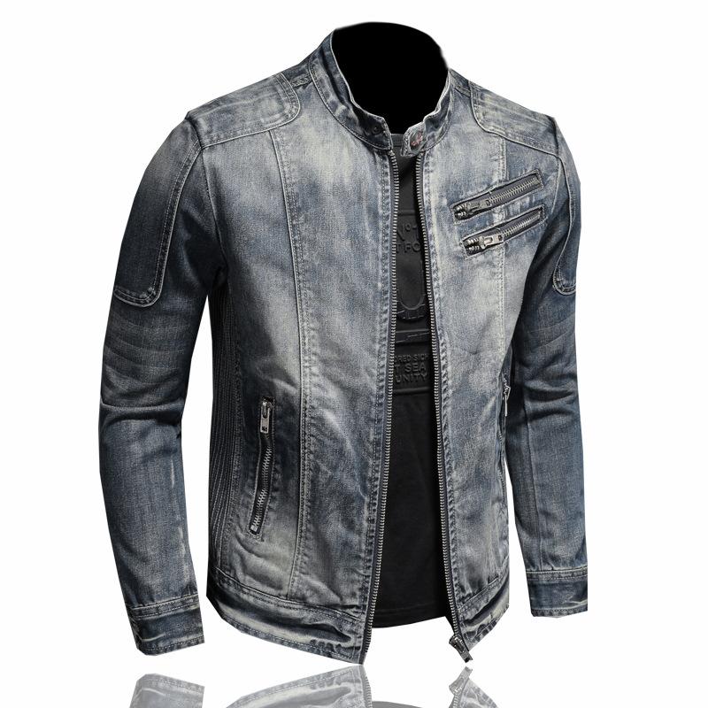 Amerikanische Flagge Jeansjacke Herren Frühling und Herbst Retro Jeansjacke Persönlichkeit Stehkragen Reißverschluss Motorradbekleidung M