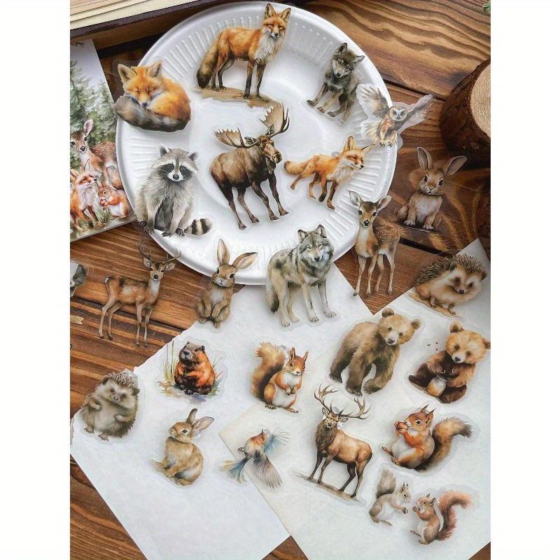 25 Blatt/Packung Retro PET Wasserdicht Waldtier-Thema DIY Sticker-Pack, Waldpflanzen Bäume Tierlandschafts-Sticker für Journal Pattern 3 bunt