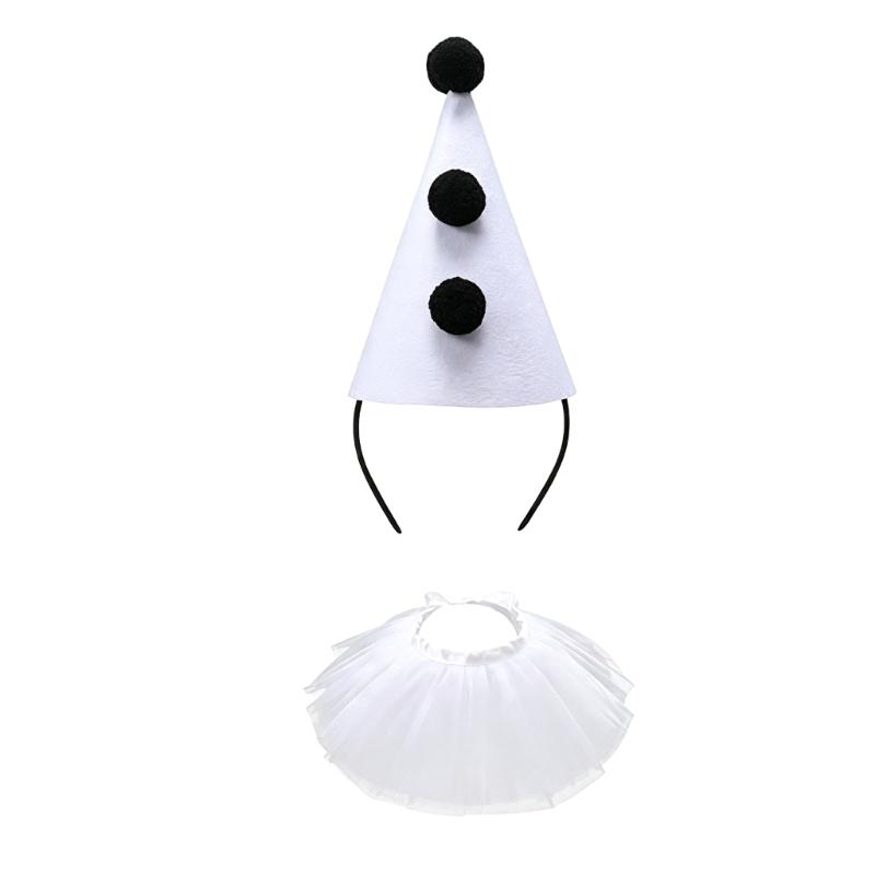 Halloween Clown Cosplay Kostüm Set mit Spitzhut Stirnband und Rüschenkragen Dekoration Zubehör für Party Kostümierung und Foto Wear weiß
