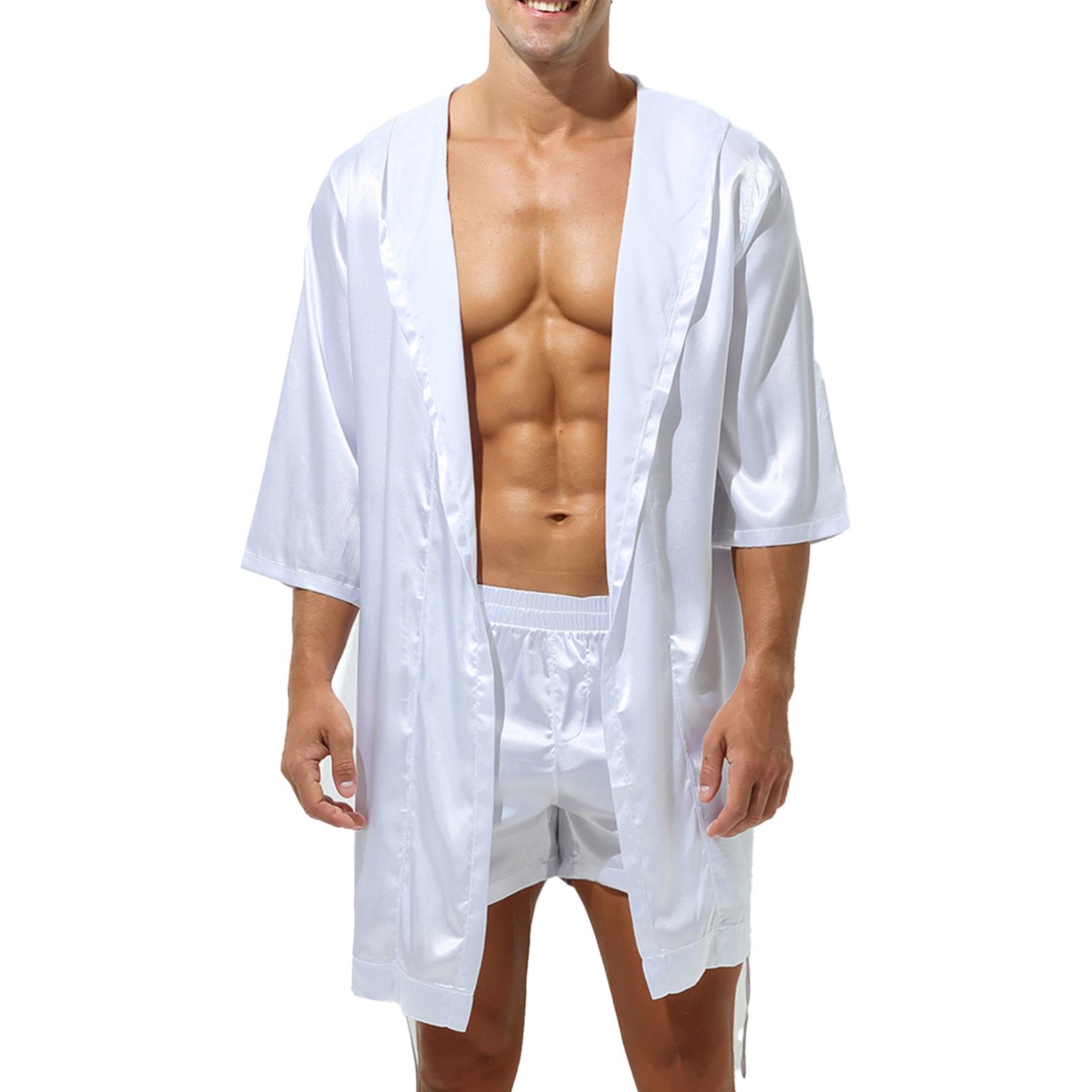 Herren-Bademantel aus Satin mit offener Vorderseite, leicht, Nachtwäsche, halbarm, Kimono-Bademantel XL weiß