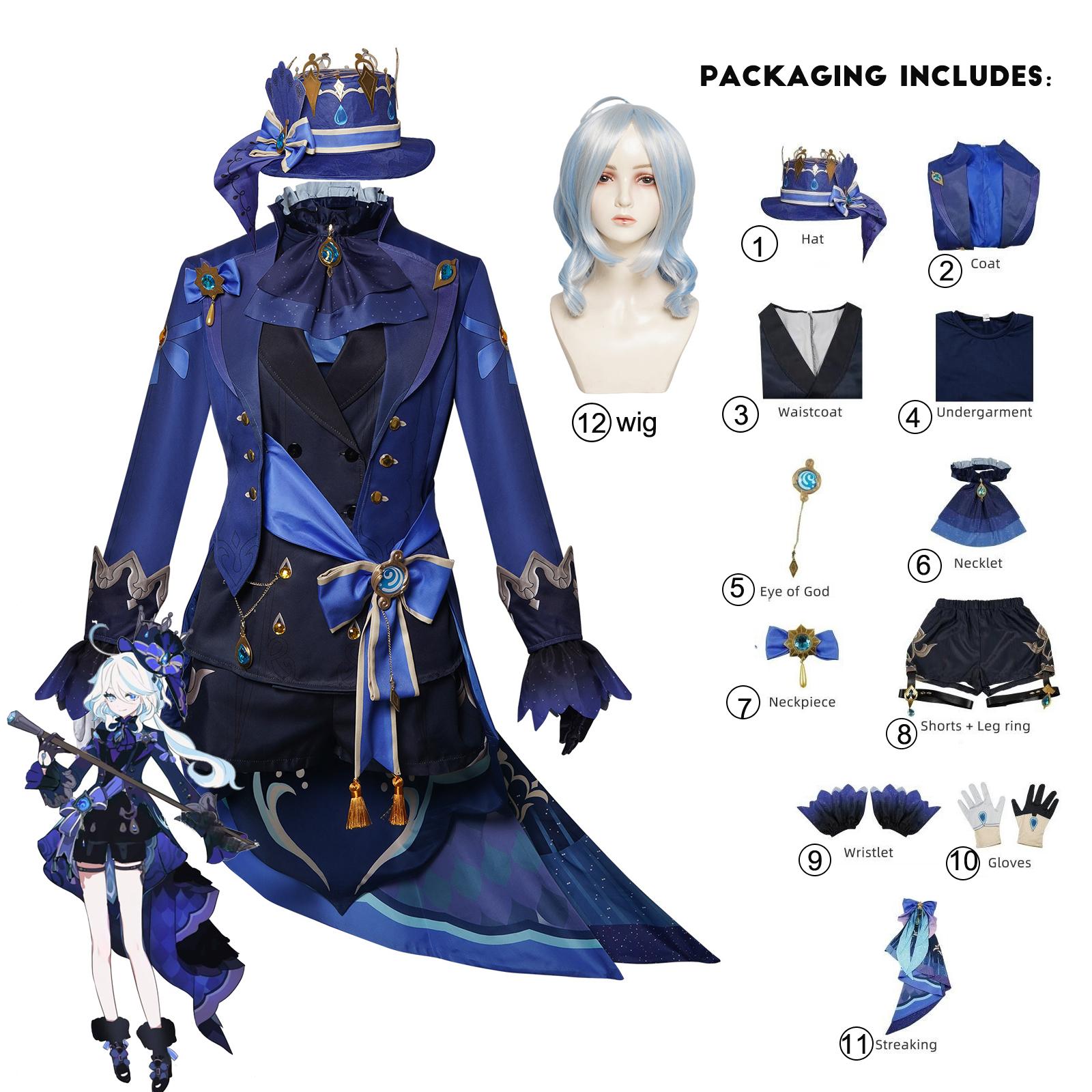 Furina/Focalors Cosplay Anime Spiel Genshin Impact Kostüm Coronated Prima Uniform Perücke Hut Kleid Frauen Halloween Party Rollenspiel Kleidung Outfits xs blue