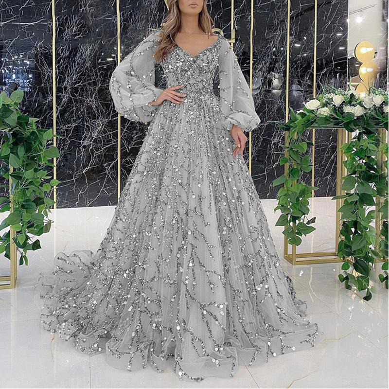 Goldverziertes Abendkleid Sexy Lady Königin Langes Kleid Schwere Verarbeitung Damen XXXL grau