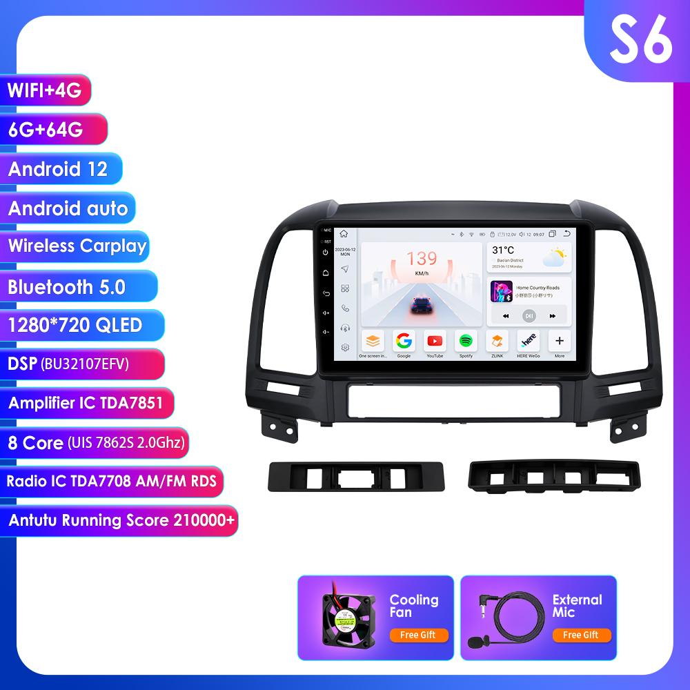 Hizpo 2 Din Autoradio Multimedia-Player für Hyundai Santa Fe 2 2006-2012 Android 12 Carplay Bildschirm 9 GPS Navi RDS Stereo 4G DSP Bluetooth Autoradio S7 8Core 6G 128G