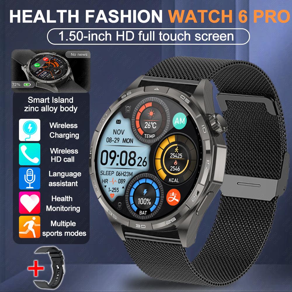 2026 Neue Uhr 6 Pro Outdoor-Sport Smartwatch Herren 1,50” HD-Bildschirm GPS-Streckenverfolgung Höhenmesser Druck Herzfrequenz Smartwatch Black Mesh Belt+Silicone
