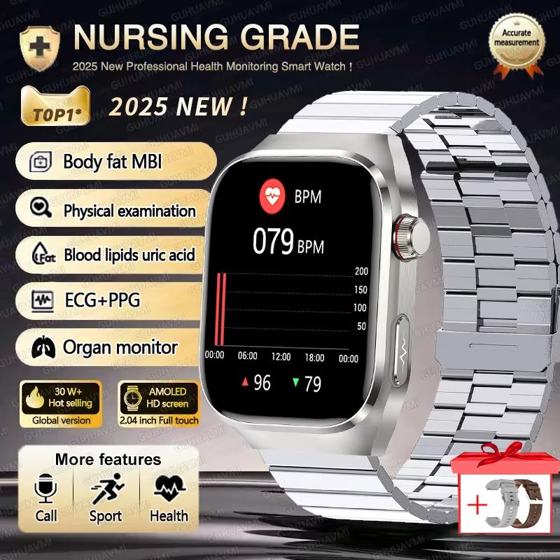 2025 Neue Blutfett Harnsäure Behandlung Smartwatch Herren EKG+PPG Herzfrequenz Sport HD Anruf Gesundheits-Tracker für Samsung Smartwatch Silver Steel B 2A