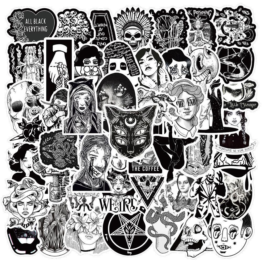 Gothic Punk Sticker Set - 100 schwarz-weiße DIY Sticker für Notizbuch, Tagebuch, Koffer CNY055
