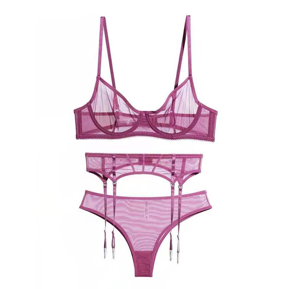 Neue Frauen Unterwäsche Sexy Spitze Ultra-dünne Push-Up Bh Set Transparent Mesh Versuchung Dessous 3-teiliges Set bhs + Höschen + Strumpfband S violett
