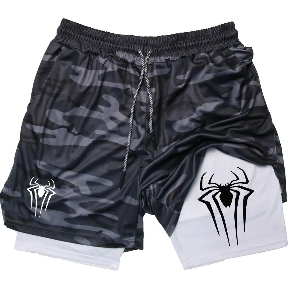 Doppellagige Fitness-Shorts Y2K Performance-Shorts Herren mit Spinnen-Print GYM Sport Kompressionsshorts Workout Laufsport-Shorts M