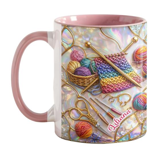 Strick- und Nähwerkzeuge Tasse 11oz Personalisierte Kaffeetasse mit Nähmaschine- und Garn-Drucken Nähgeschenk für Frauen rosa